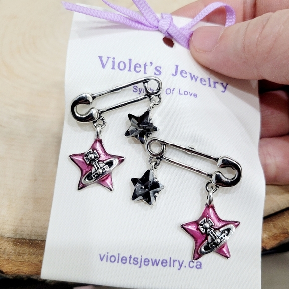 Vintage Jewelry - Brand New Silver Tone Safety Pin Style Pink Star Earrings